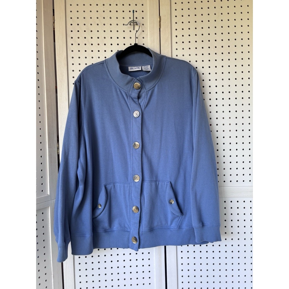 Blair Women's 2XL Button Front Cardigan Sweatshirt Blue Pockets Cotton Polyester